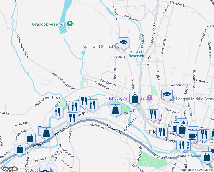 map of restaurants, bars, coffee shops, grocery stores, and more near 44 Goddard Street in Fitchburg