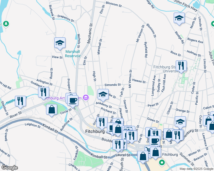 map of restaurants, bars, coffee shops, grocery stores, and more near 2 Highland Court in Fitchburg