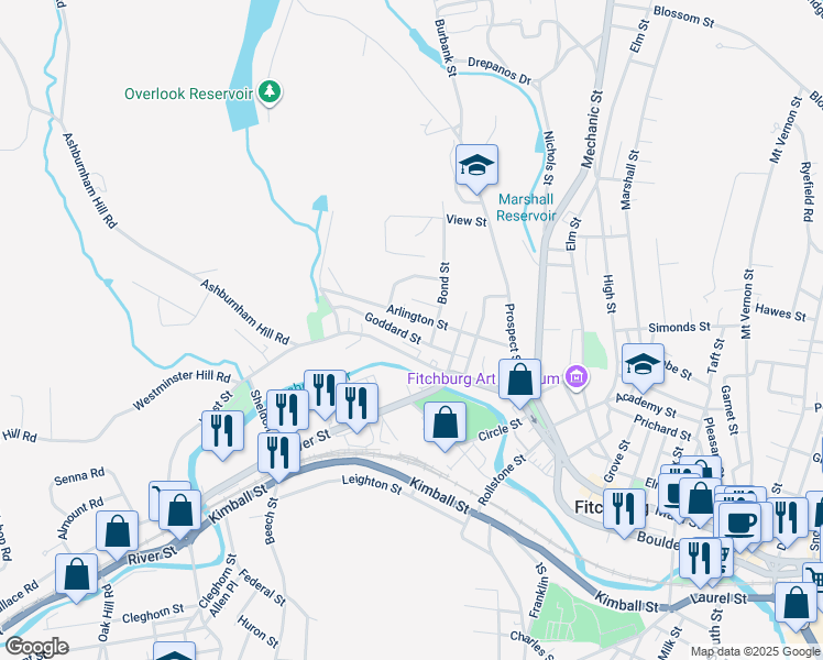 map of restaurants, bars, coffee shops, grocery stores, and more near 44 Goddard Street in Fitchburg