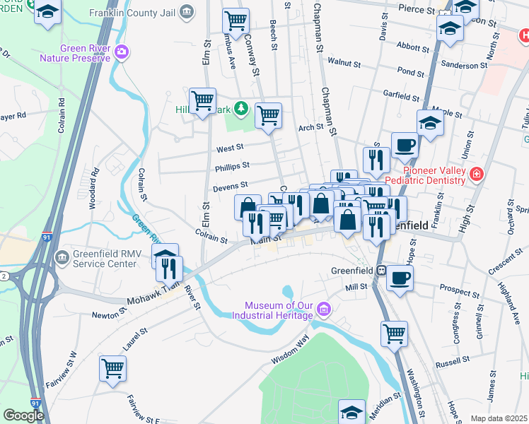 map of restaurants, bars, coffee shops, grocery stores, and more near 54 Main Street in Greenfield