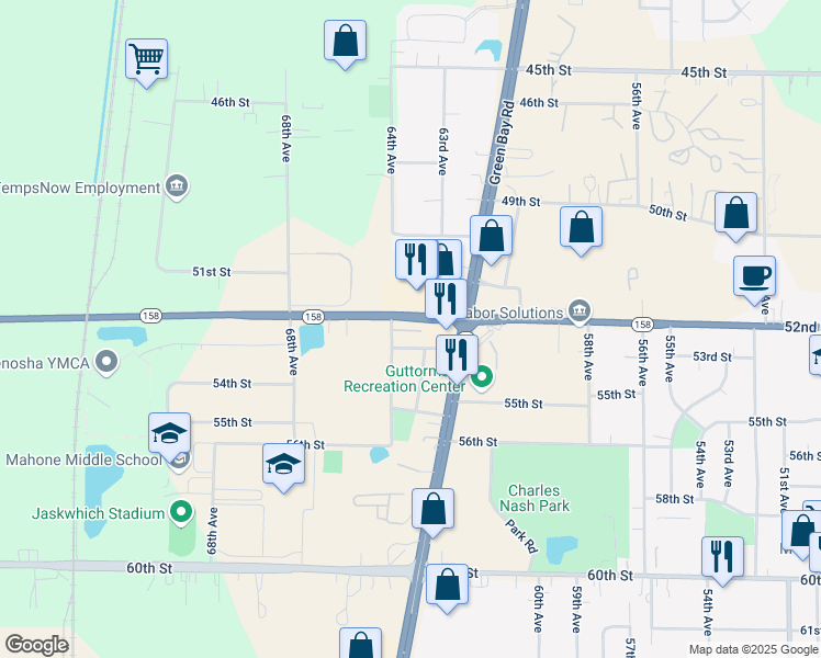 map of restaurants, bars, coffee shops, grocery stores, and more near 6328 53rd Street in Kenosha