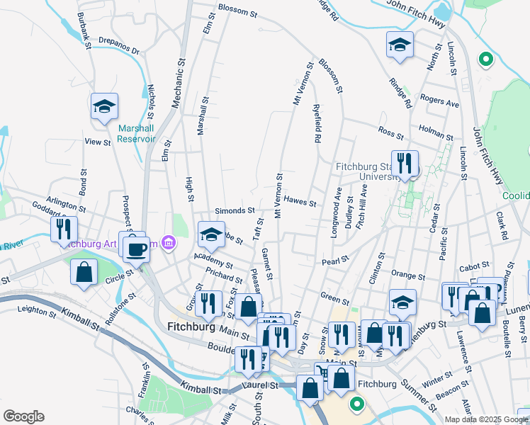 map of restaurants, bars, coffee shops, grocery stores, and more near 131 Simonds Street in Fitchburg