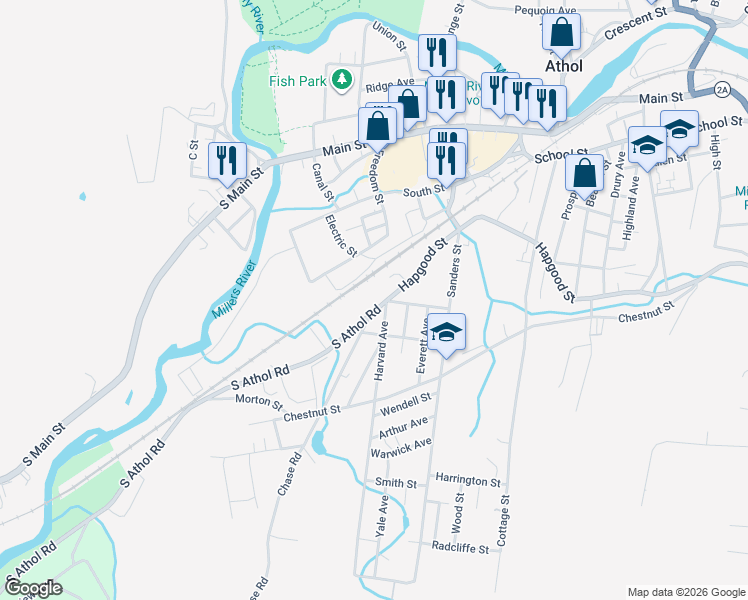 map of restaurants, bars, coffee shops, grocery stores, and more near 227 South Athol Road in Athol