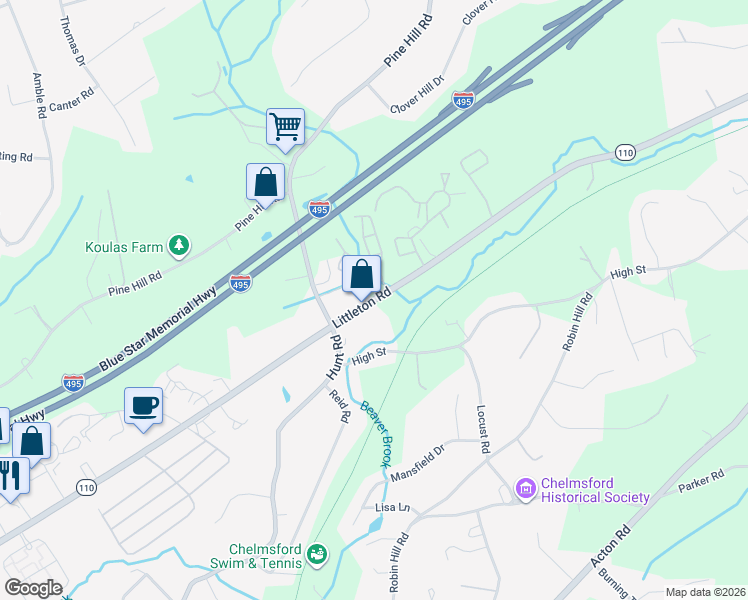 map of restaurants, bars, coffee shops, grocery stores, and more near 146 Littleton Road in Chelmsford