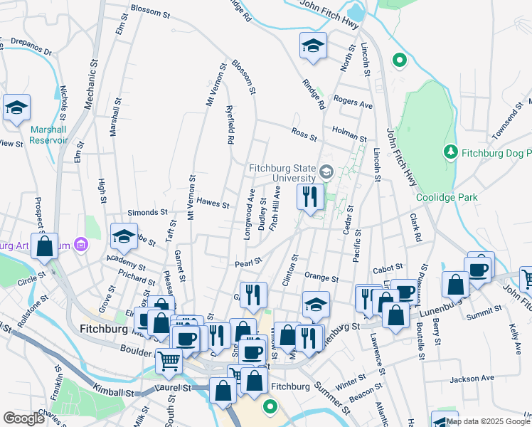 map of restaurants, bars, coffee shops, grocery stores, and more near 24 Dudley Street in Fitchburg