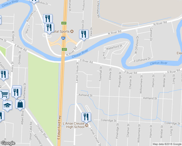 map of restaurants, bars, coffee shops, grocery stores, and more near 25533 Santose Street in Harrison Township