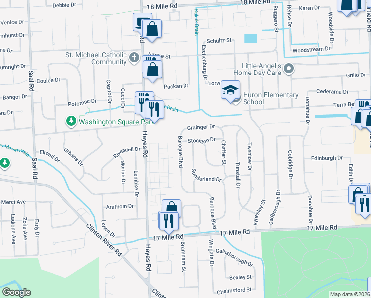 map of restaurants, bars, coffee shops, grocery stores, and more near 39669 Sunderland Drive in Clinton Township