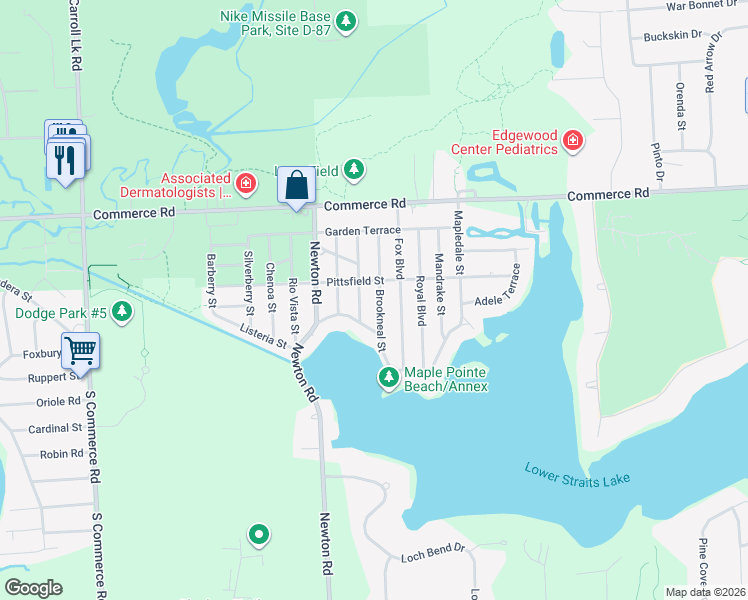 map of restaurants, bars, coffee shops, grocery stores, and more near 9394 Boncrest Street in Commerce Charter Township