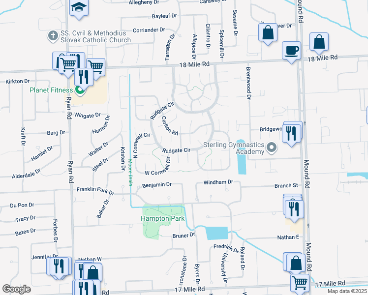map of restaurants, bars, coffee shops, grocery stores, and more near 5028 Forburg Court in Sterling Heights