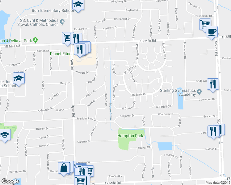 map of restaurants, bars, coffee shops, grocery stores, and more near 40026 Margate Court in Sterling Heights