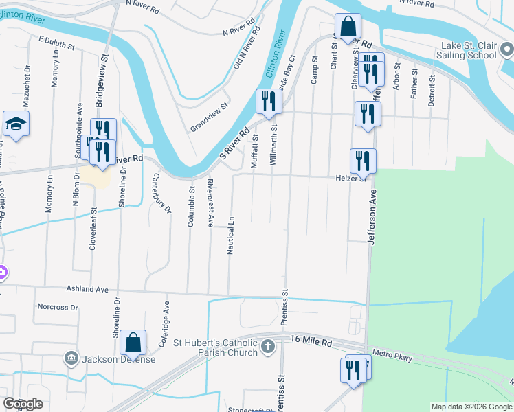 map of restaurants, bars, coffee shops, grocery stores, and more near 39200 Muffatt Street in Harrison charter Township