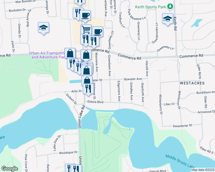 map of restaurants, bars, coffee shops, grocery stores, and more near 3288 Greenlawn Avenue in Commerce Charter Township