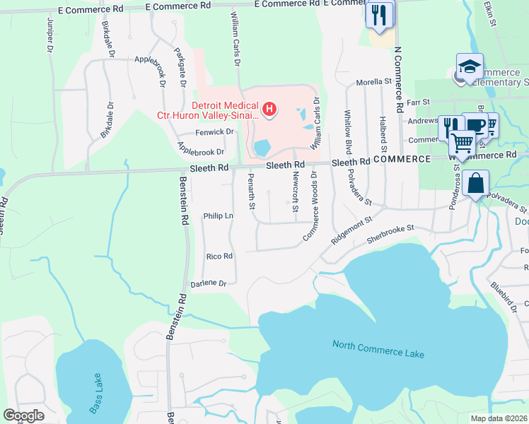 map of restaurants, bars, coffee shops, grocery stores, and more near 1185 Penarth Street in Commerce Charter Township