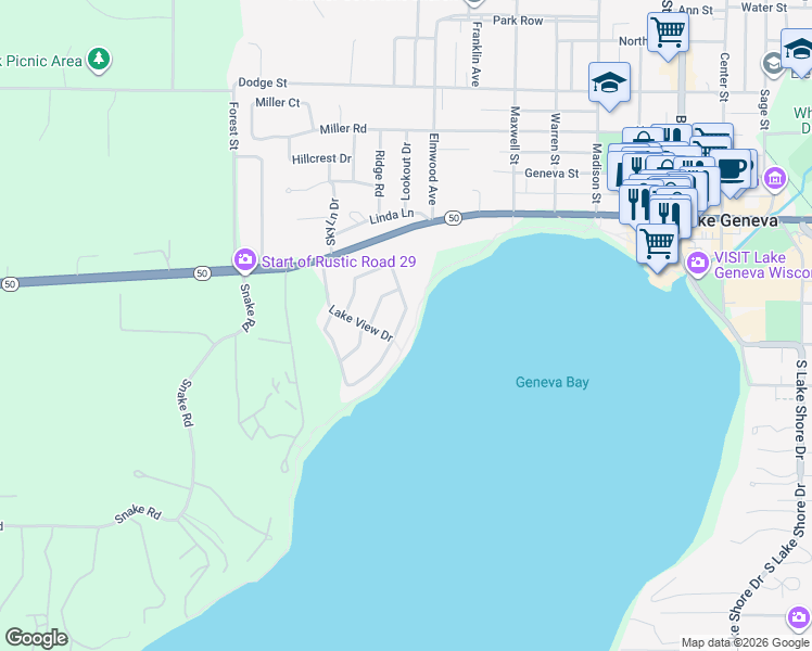 map of restaurants, bars, coffee shops, grocery stores, and more near 1550 Lake Shore Drive in Lake Geneva