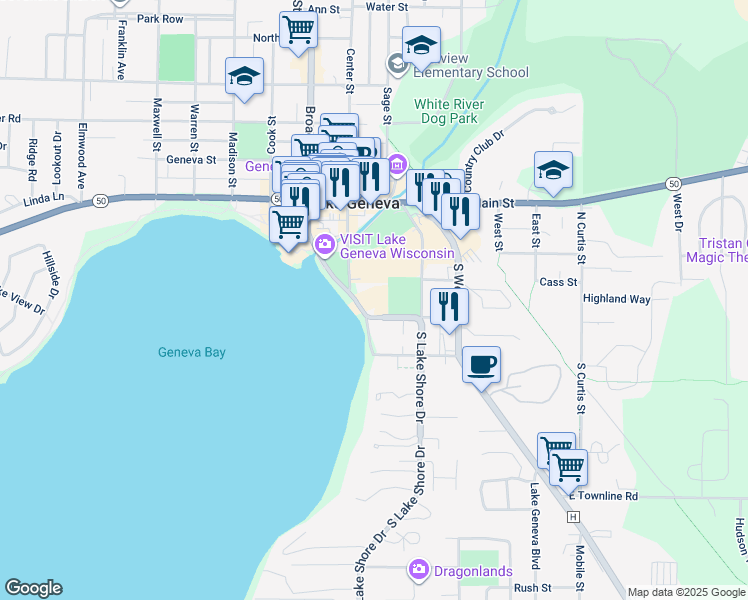 map of restaurants, bars, coffee shops, grocery stores, and more near 327 Wrigley Drive in Lake Geneva