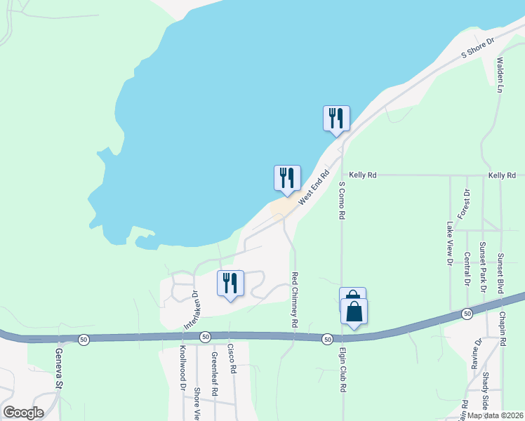 map of restaurants, bars, coffee shops, grocery stores, and more near W4210 West End Road in Lake Geneva