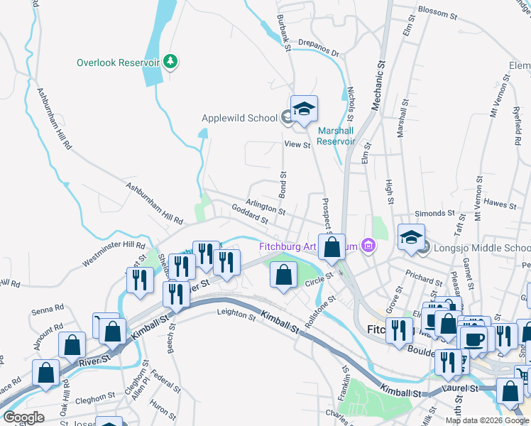 map of restaurants, bars, coffee shops, grocery stores, and more near 60 Arlington Street in Fitchburg