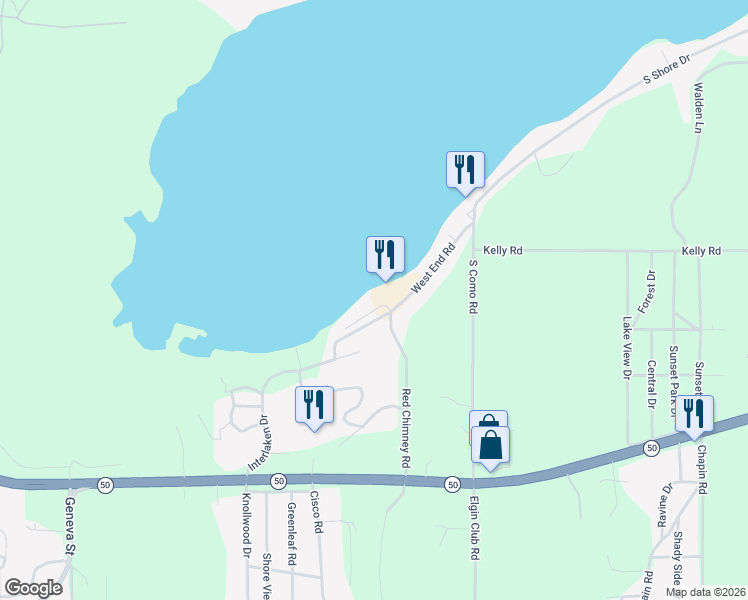 map of restaurants, bars, coffee shops, grocery stores, and more near W4210 West End Road in Lake Geneva