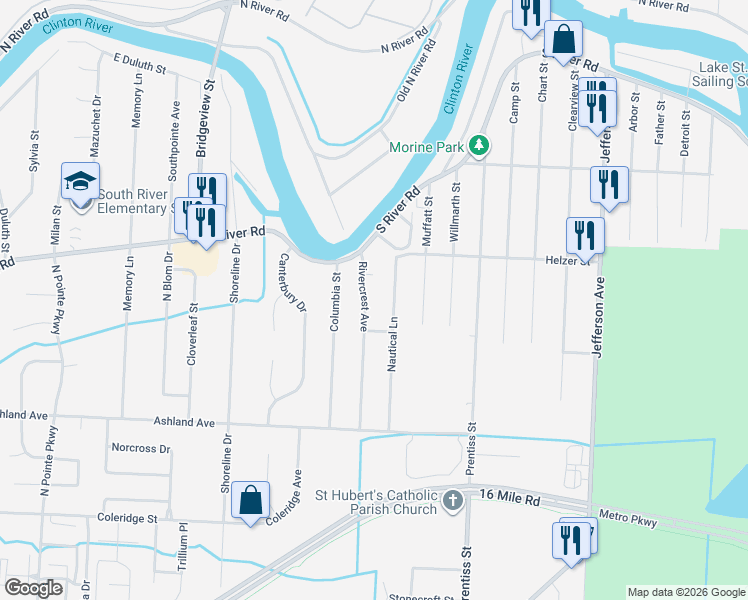 map of restaurants, bars, coffee shops, grocery stores, and more near 39280 Rivercrest Avenue in Harrison Township