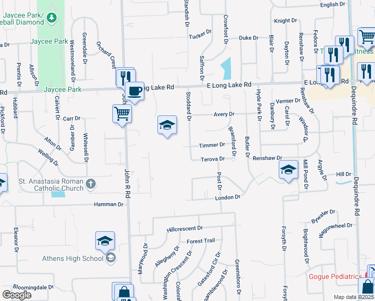 map of restaurants, bars, coffee shops, grocery stores, and more near 4689 Stoddard Drive in Troy
