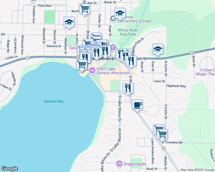 map of restaurants, bars, coffee shops, grocery stores, and more near 327 Wrigley Drive in Lake Geneva