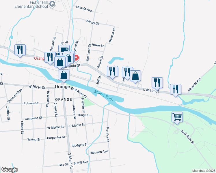 map of restaurants, bars, coffee shops, grocery stores, and more near 46 Mill Street in Orange