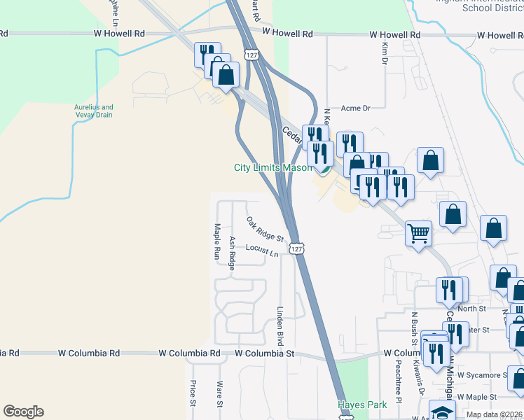 map of restaurants, bars, coffee shops, grocery stores, and more near 300 Maple Run in Mason