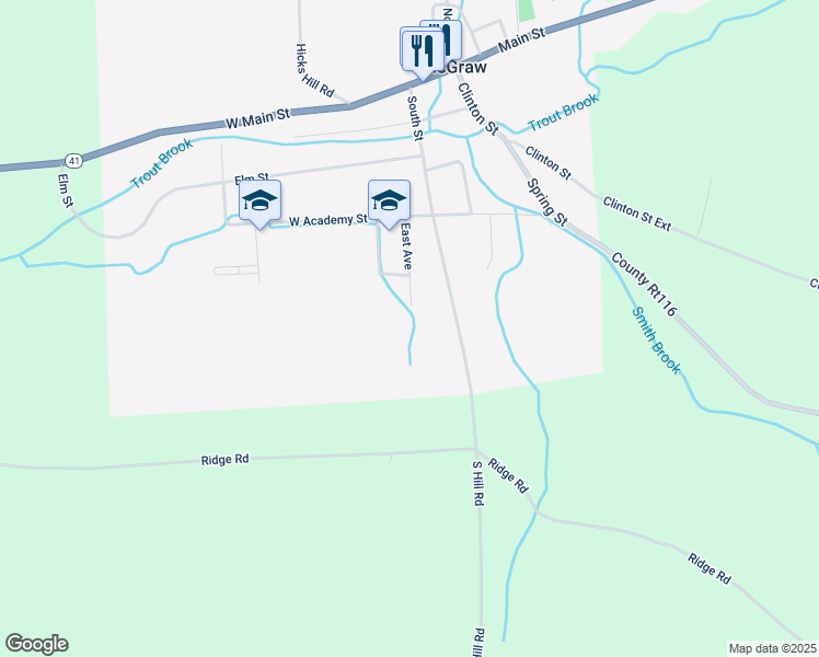 map of restaurants, bars, coffee shops, grocery stores, and more near 28 East Avenue in McGraw