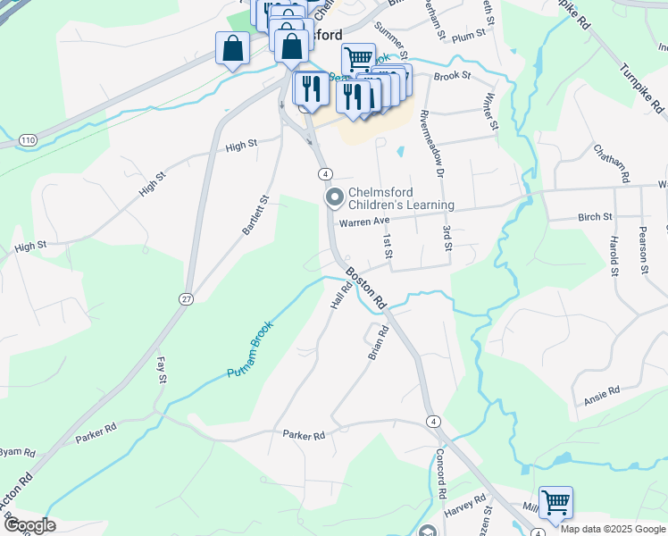 map of restaurants, bars, coffee shops, grocery stores, and more near 15 Hall Road in Chelmsford