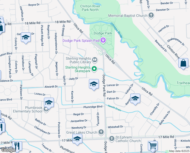 map of restaurants, bars, coffee shops, grocery stores, and more near 40111 Dodge Park Road in Sterling Heights