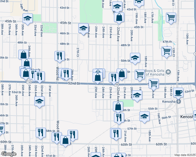 map of restaurants, bars, coffee shops, grocery stores, and more near 2402 52nd Street in Kenosha