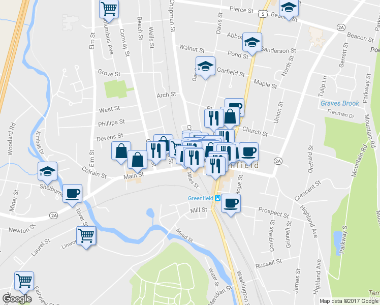 map of restaurants, bars, coffee shops, grocery stores, and more near 26 Chapman Street in Greenfield