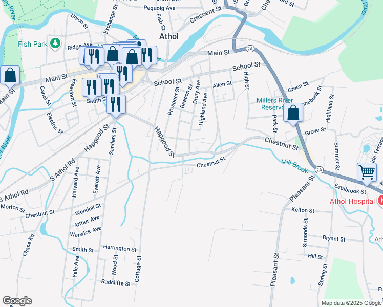map of restaurants, bars, coffee shops, grocery stores, and more near 541 Hapgood Street in Athol