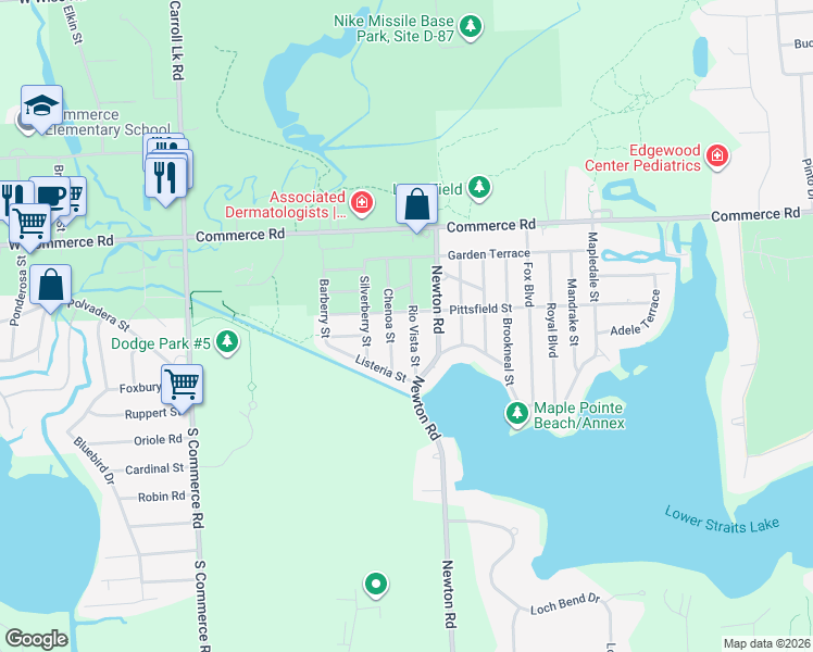 map of restaurants, bars, coffee shops, grocery stores, and more near 3267 Rio Vista Street in Commerce Charter Township