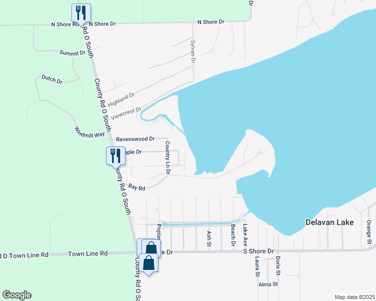 map of restaurants, bars, coffee shops, grocery stores, and more near 4132 Maple Drive in Delavan