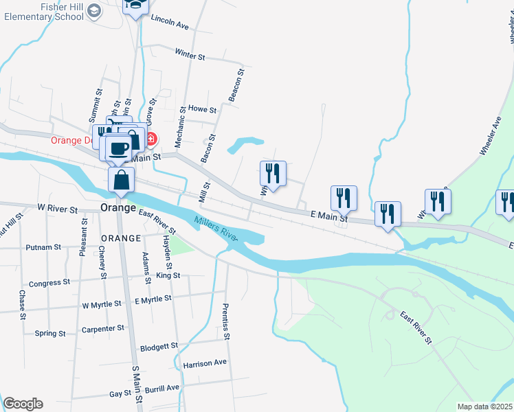 map of restaurants, bars, coffee shops, grocery stores, and more near 46 Mill Street in Orange