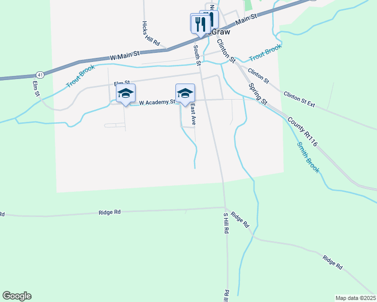 map of restaurants, bars, coffee shops, grocery stores, and more near 28 East Avenue in McGraw
