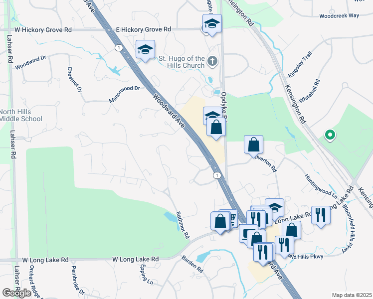 map of restaurants, bars, coffee shops, grocery stores, and more near 40925 Woodward Avenue in Bloomfield Hills