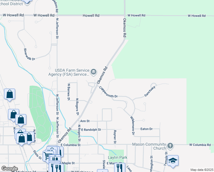 map of restaurants, bars, coffee shops, grocery stores, and more near 230 Coppersmith Drive in Mason