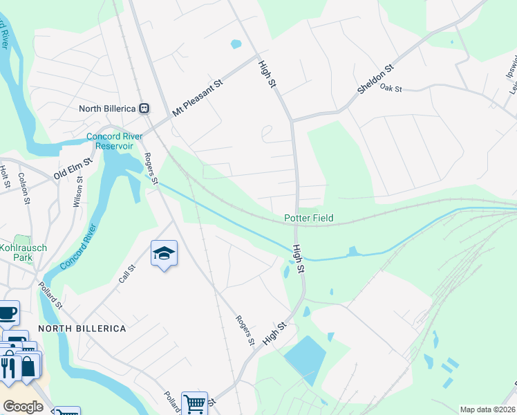 map of restaurants, bars, coffee shops, grocery stores, and more near 96 High St in Billerica