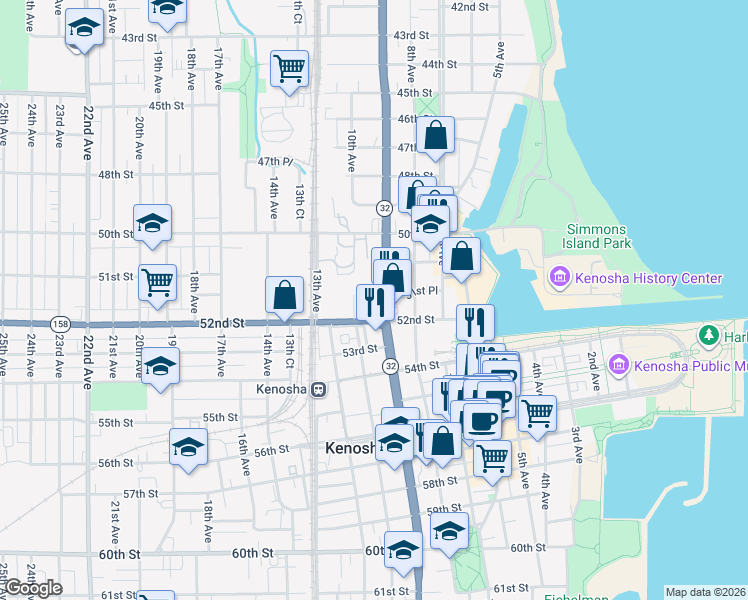 map of restaurants, bars, coffee shops, grocery stores, and more near 916 52nd Street in Kenosha