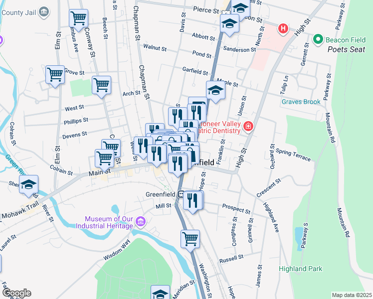 map of restaurants, bars, coffee shops, grocery stores, and more near in Greenfield