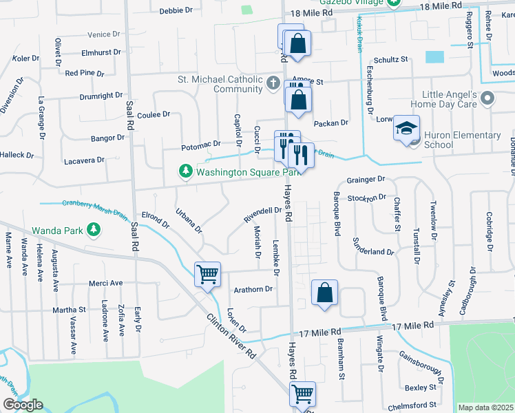map of restaurants, bars, coffee shops, grocery stores, and more near 15050 Rivendell Drive in Sterling Heights