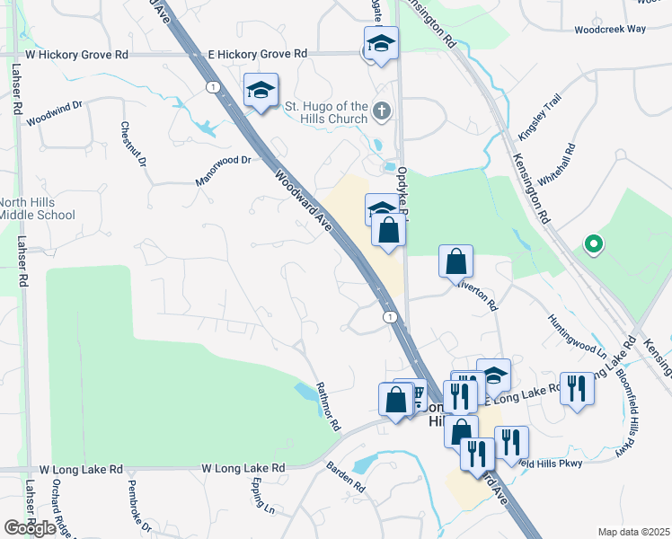 map of restaurants, bars, coffee shops, grocery stores, and more near 40925 Woodward Avenue in Bloomfield Hills