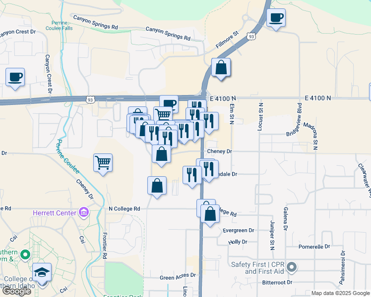 map of restaurants, bars, coffee shops, grocery stores, and more near 798 Cheney Drive in Twin Falls