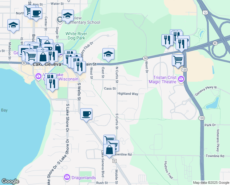 map of restaurants, bars, coffee shops, grocery stores, and more near 105 North Curtis Street in Lake Geneva