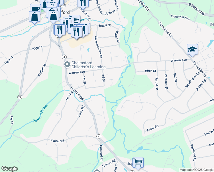 map of restaurants, bars, coffee shops, grocery stores, and more near 7 3rd Street in Chelmsford