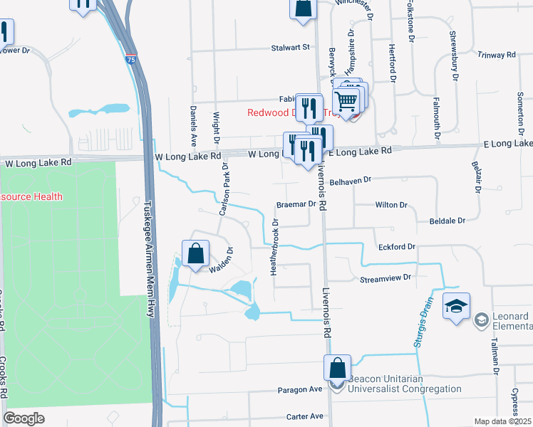 map of restaurants, bars, coffee shops, grocery stores, and more near 4873 Heatherbrook Drive in Troy