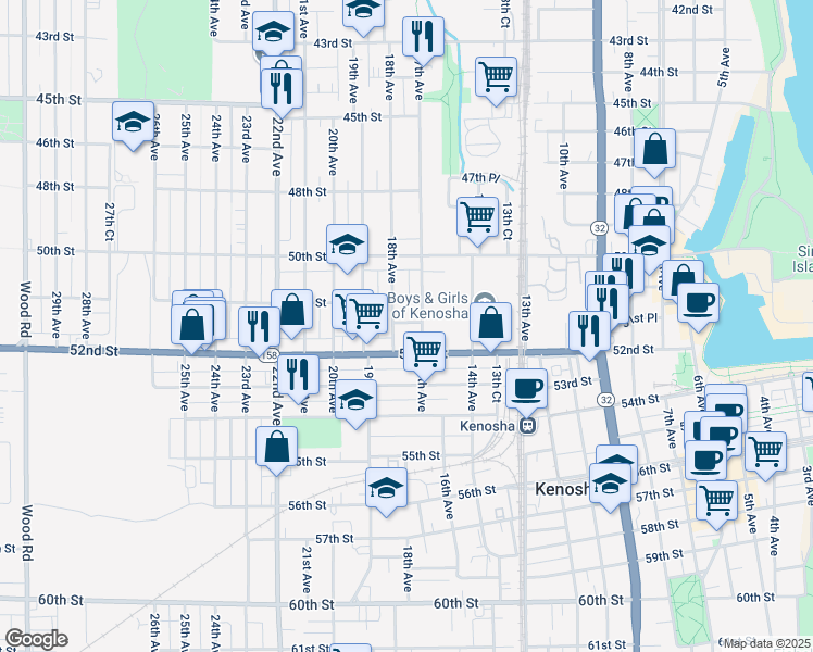 map of restaurants, bars, coffee shops, grocery stores, and more near 5101 18th Avenue in Kenosha