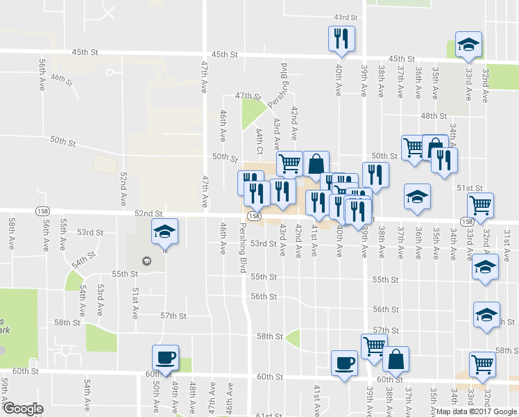map of restaurants, bars, coffee shops, grocery stores, and more near 5001 Pershing Boulevard in Kenosha